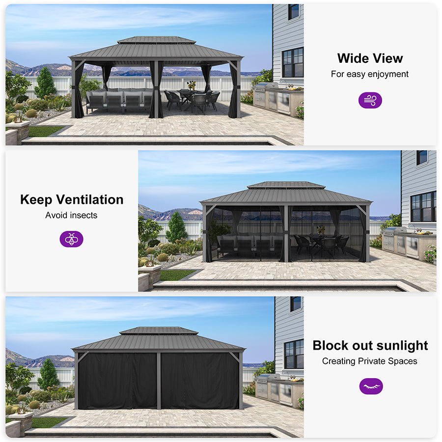 PURPLE LEAF Patio Gazebo for Pool Light Grey Hardtop Galvanized Steel Roof with Reinforcement Support Rod
