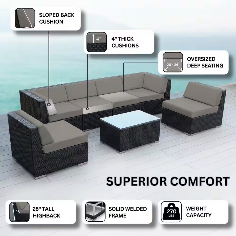 Black 7-Piece Wicker Patio Seating Set with Sunbrella Coal Cushions