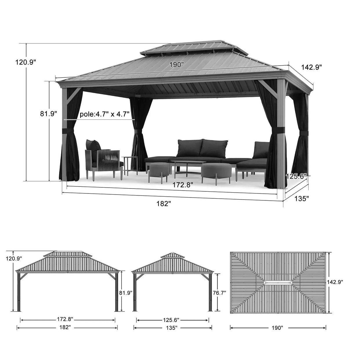 PURPLE LEAF Patio Gazebo for Pool Light Grey Hardtop Galvanized Steel Roof with Upgraded Curtains