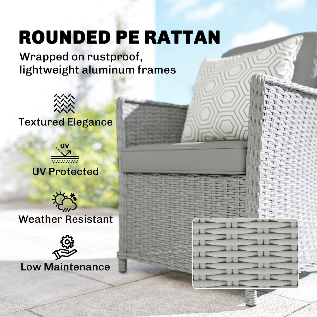 6 Seater Rattan Dining Set with Lazy Susan and Marble Effect Table, Grey