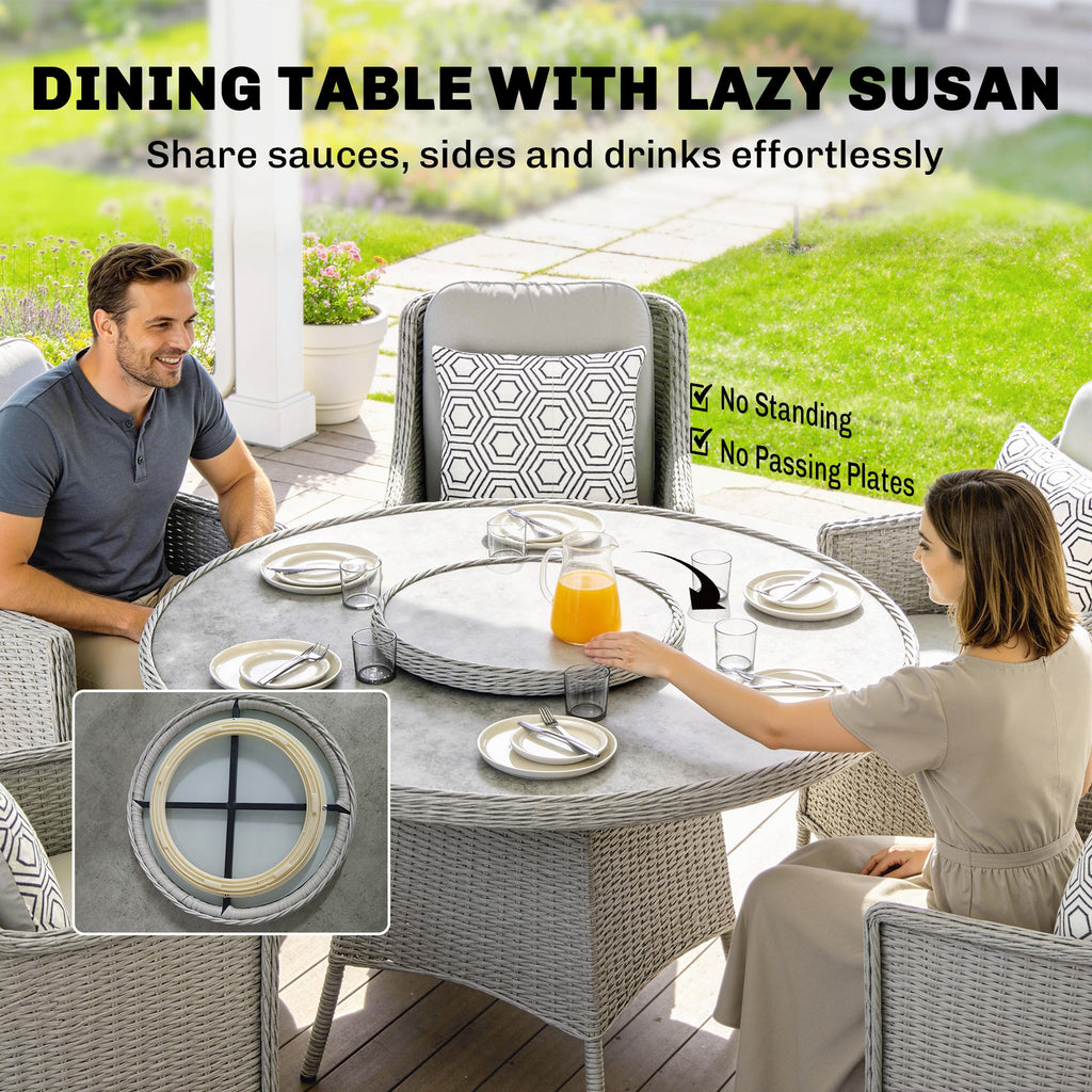 6 Seater Rattan Dining Set with Lazy Susan and Marble Effect Table, Grey