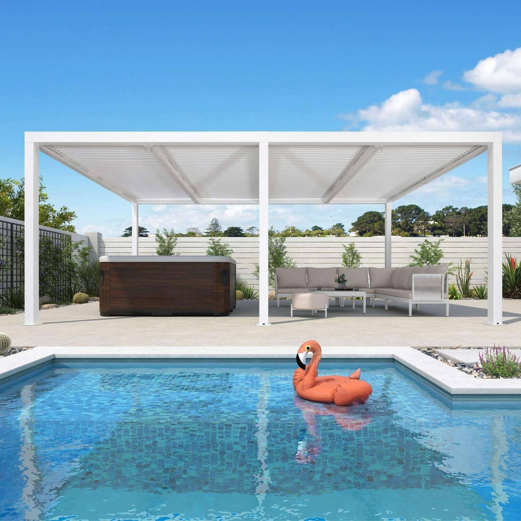 Hanso Home Louvered Pergola Modern White Pergola with Adjustable Roof for Deck Backyard Garden