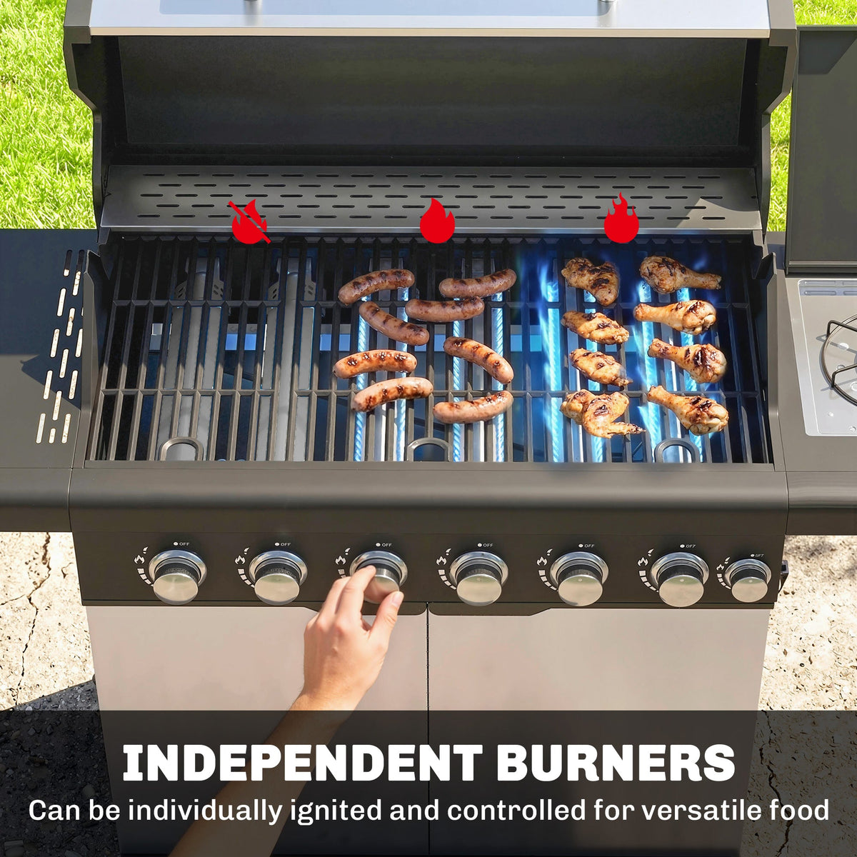 6+1 Burner Gas BBQ Grill with Cabinet and Viewing Window, Silver Tone