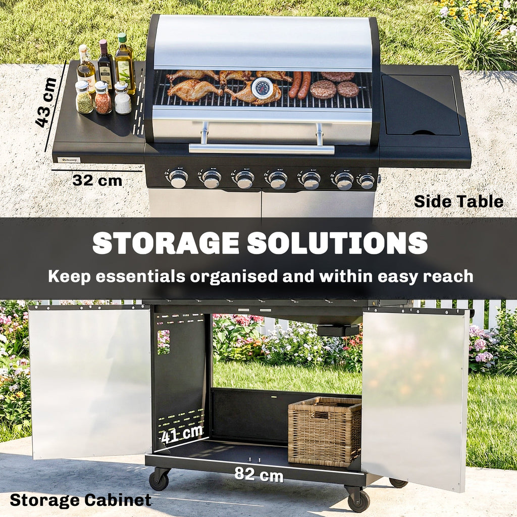 6+1 Burner Gas BBQ Grill with Cabinet and Viewing Window, Silver Tone