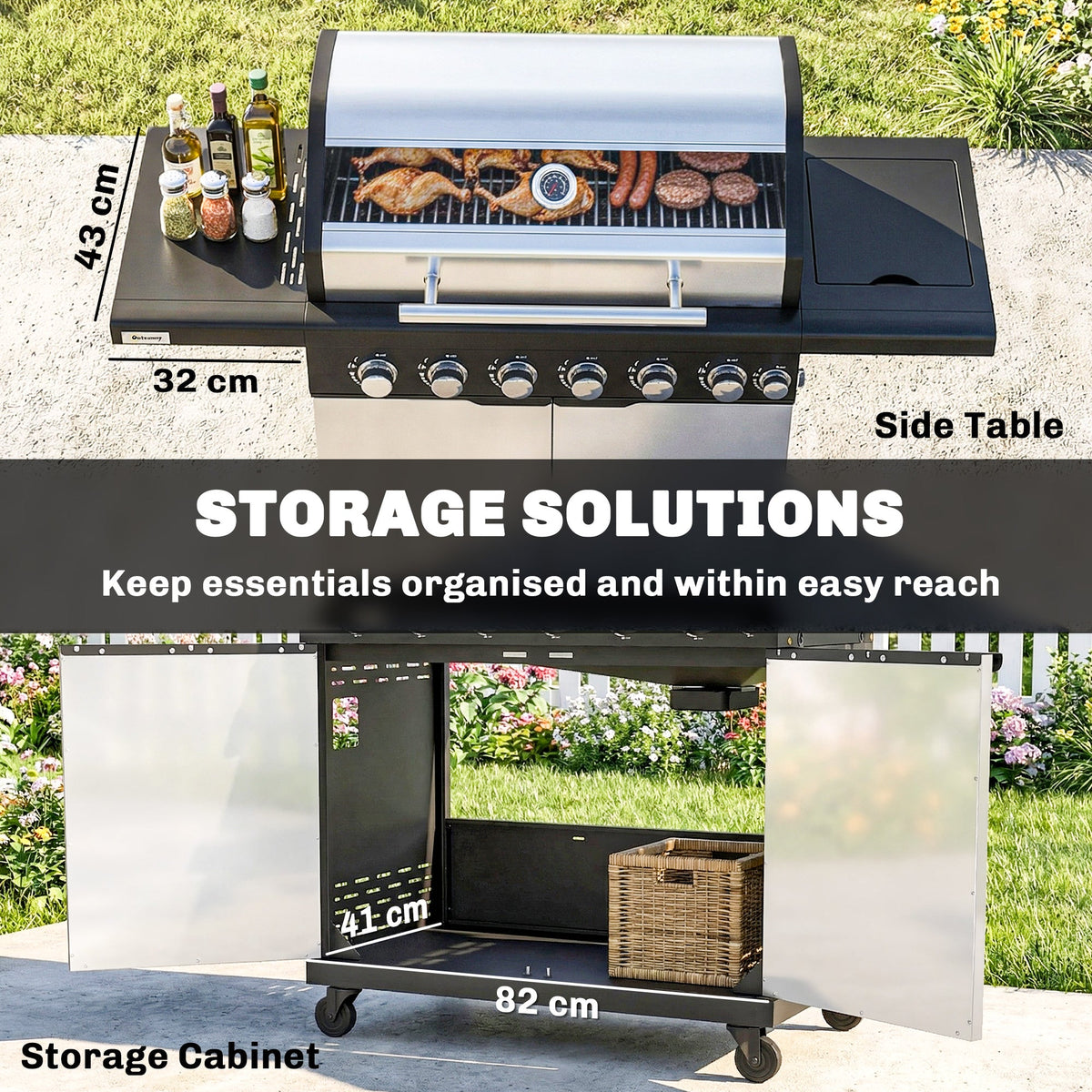6+1 Burner Gas BBQ Grill with Cabinet and Viewing Window, Silver Tone
