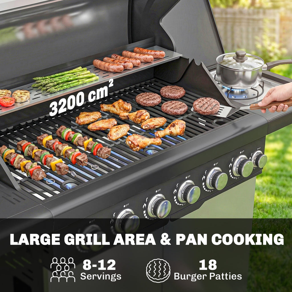6+1 Burner Gas BBQ Grill with Cabinet and Viewing Window, Silver Tone