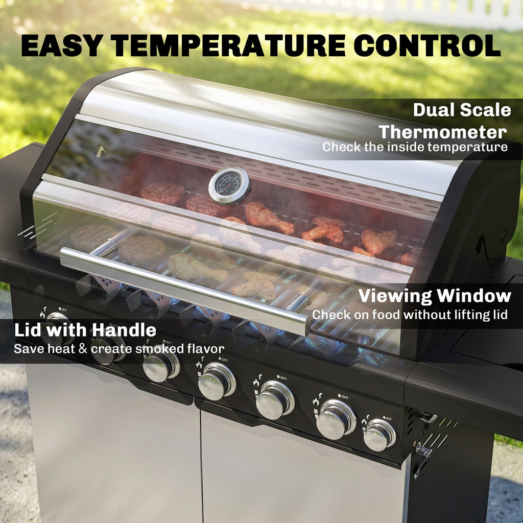 6+1 Burner Gas BBQ Grill with Cabinet and Viewing Window, Silver Tone