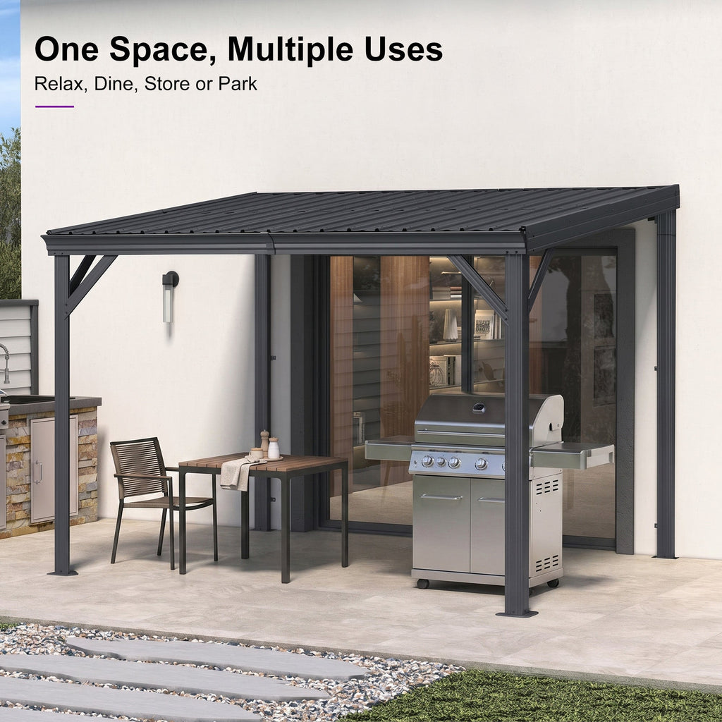 PURPLE LEAF Lean to Gazebo Metal Roof Patio Cover Built-in Drain Slots Wall Mounted Gazebo with Lights-clear for Outdoor Extension
