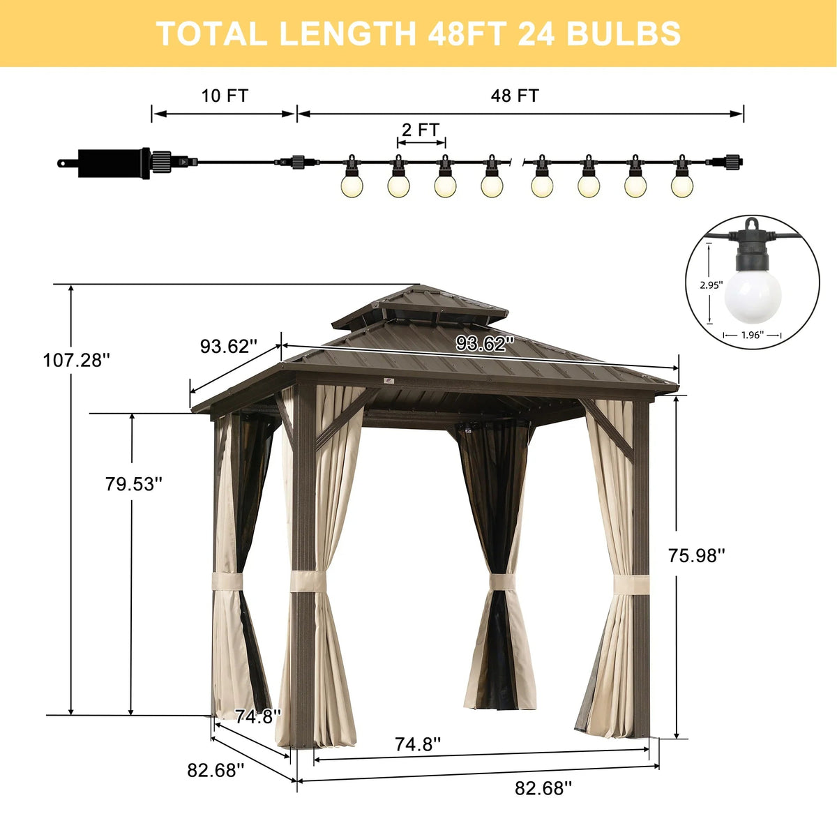 PURPLE LEAF Hardtop Gazebo Featuring Galvanized Steel Double Roof and Bronze Aluminum Frame with Curtains and Netting for Backyard with Lights-milky