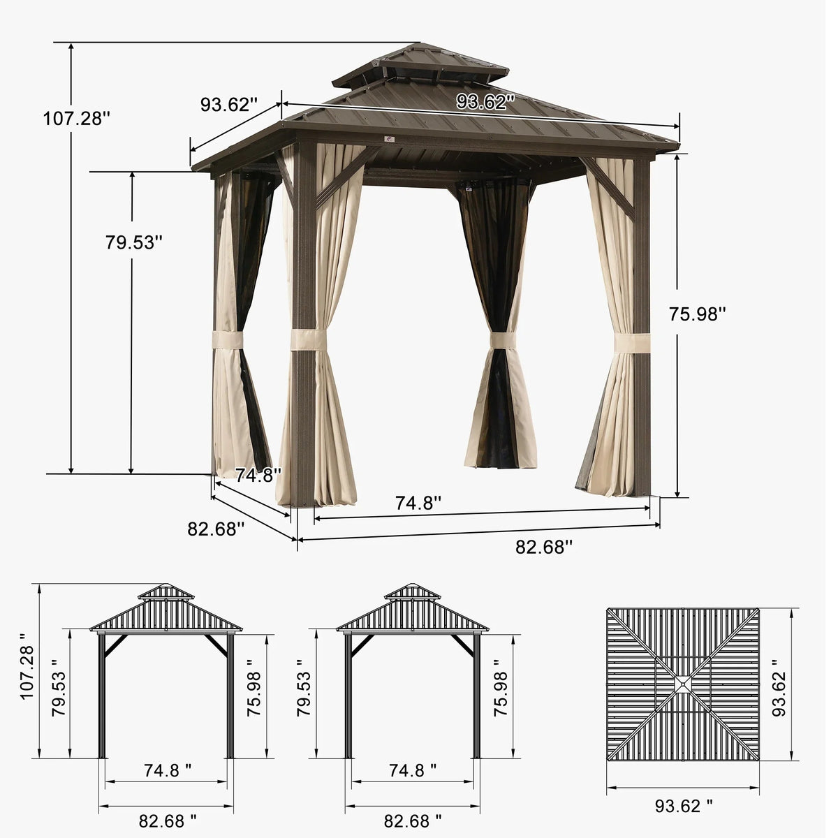 PURPLE LEAF Hardtop Gazebo Featuring Galvanized Steel Double Roof and Bronze Aluminum Frame with Curtains and Netting for Patio and Poolside
