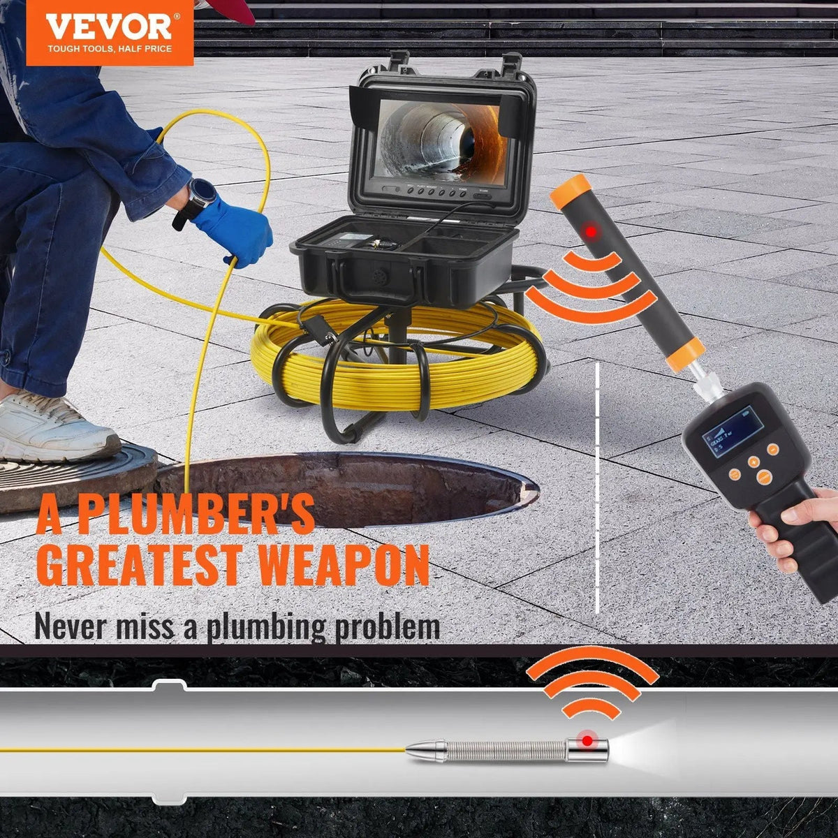 9" Sewer Inspection Camera, 512Hz Locator, DVR 165ft Range, 12 LED Lights, 16GB SD Card, DOBA-SIC9