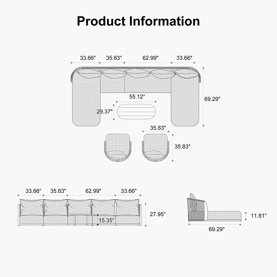PURPLE LEAF Hailar U-Shaped Patio Conversation Set with Genuine Teak Cushions and Pillows Olefin Rope Backrest Outdoor Couch Sets for Porch Garden