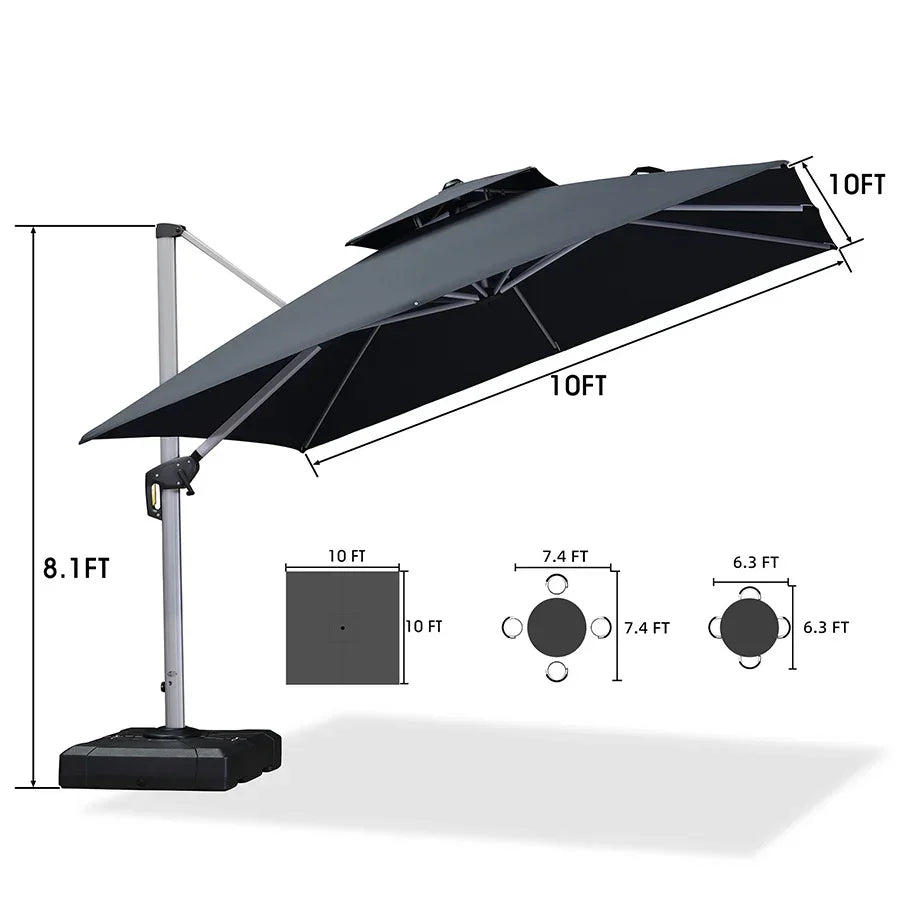 PURPLE LEAF – Grand parasol déporté carré de terrasse avec base pour jardin, piscine et porche