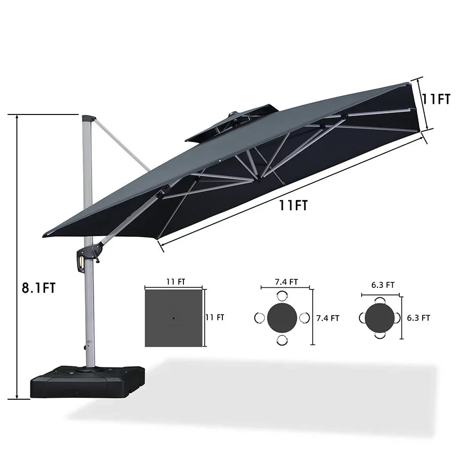 PURPLE LEAF – Grand parasol déporté carré de terrasse avec base pour jardin, piscine et porche