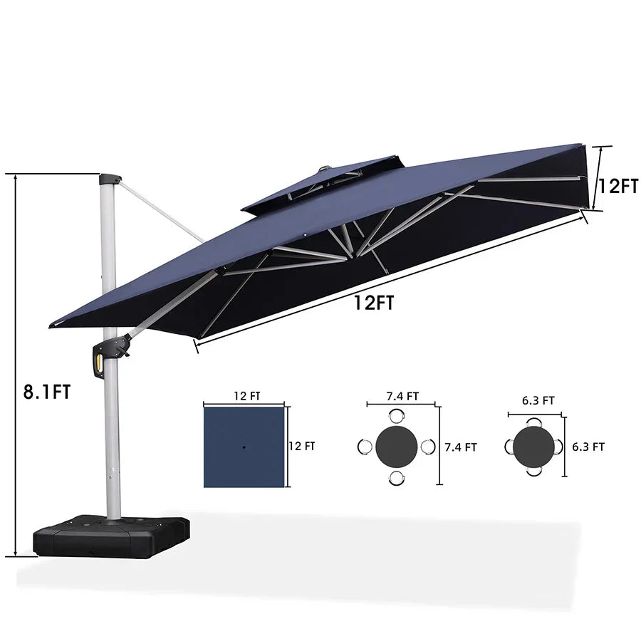 PURPLE LEAF – Grand parasol déporté carré de terrasse avec base pour jardin, piscine et porche