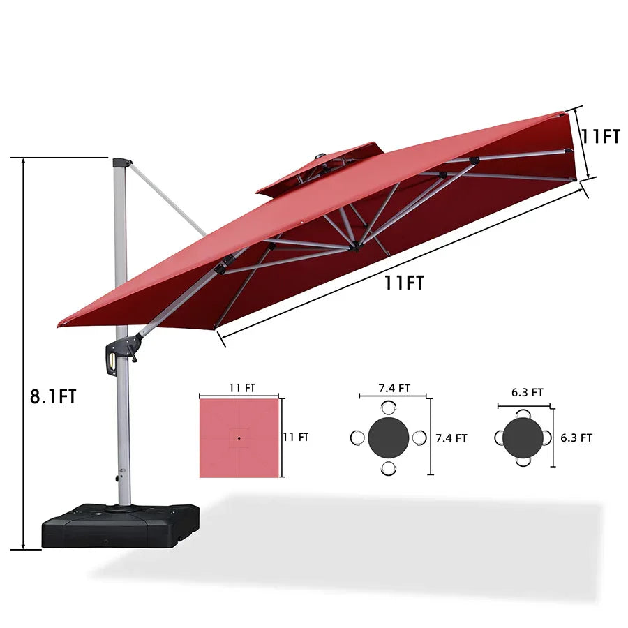 PURPLE LEAF – Grand parasol déporté carré de terrasse avec base pour jardin, piscine et porche