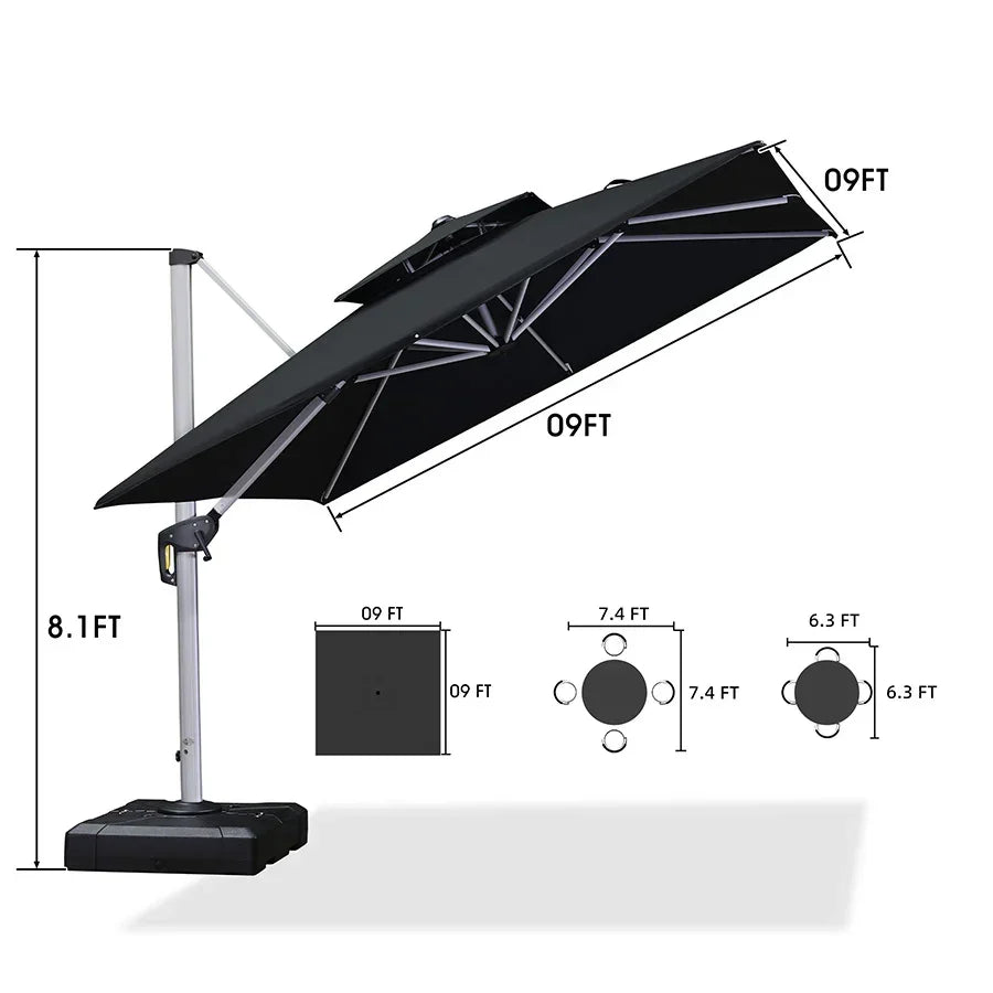 PURPLE LEAF – Grand parasol déporté carré de terrasse avec base pour jardin, piscine et porche
