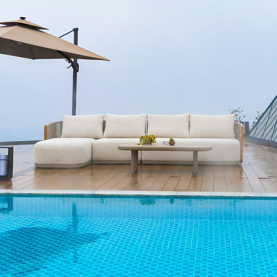 PURPLE LEAF Hailar L-Shaped Patio Conversation Set with Genuine Teak Cushions and Pillows Olefin Rope Backrest Outdoor Couch Sets for Backyard Porch
