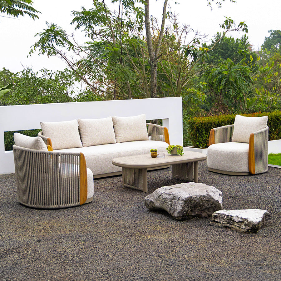 PURPLE LEAF Hailar U-Shaped Patio Conversation Set with Genuine Teak Cushions and Pillows Olefin Rope Backrest Outdoor Couch Sets for Porch Garden