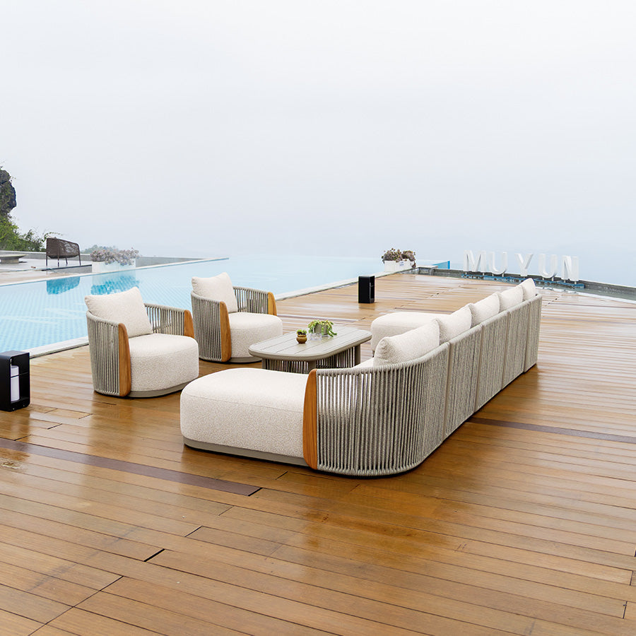 PURPLE LEAF Hailar U-Shaped Patio Conversation Set with Genuine Teak Cushions and Pillows Olefin Rope Backrest Outdoor Couch Sets for Porch Garden