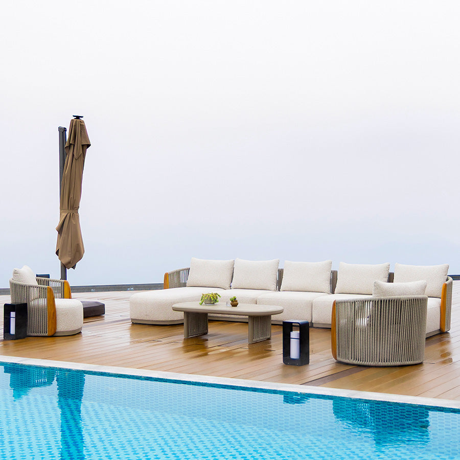 PURPLE LEAF Hailar U-Shaped Patio Conversation Set with Genuine Teak Cushions and Pillows Olefin Rope Backrest Outdoor Couch Sets for Porch Garden