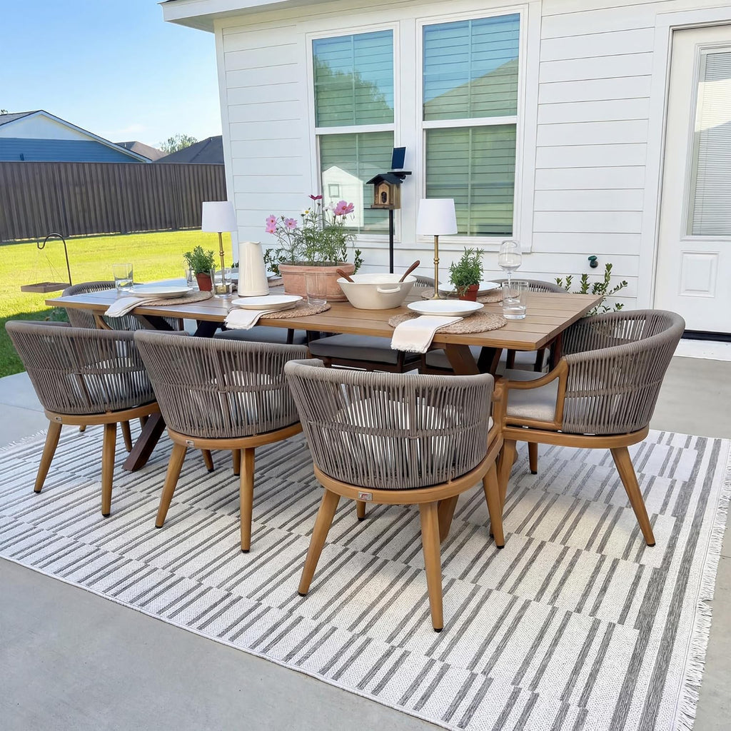 PURPLE LEAF Outdoor Dining Set All Weather Wicker Patio Dining Set with Rectangular Aluminum Table and Modern Armrest Dining Chairs for Garden Deck Backyard Kitchen