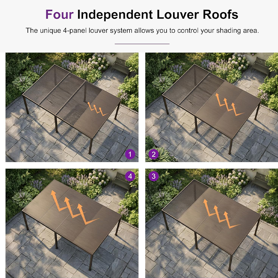 PURPLE LEAF Athena Louvered Pergola Bronze Outdoor Aluminum Pergola with Shutter Wall Adjustable Gazebo Rainproof for Patio Deck Garden