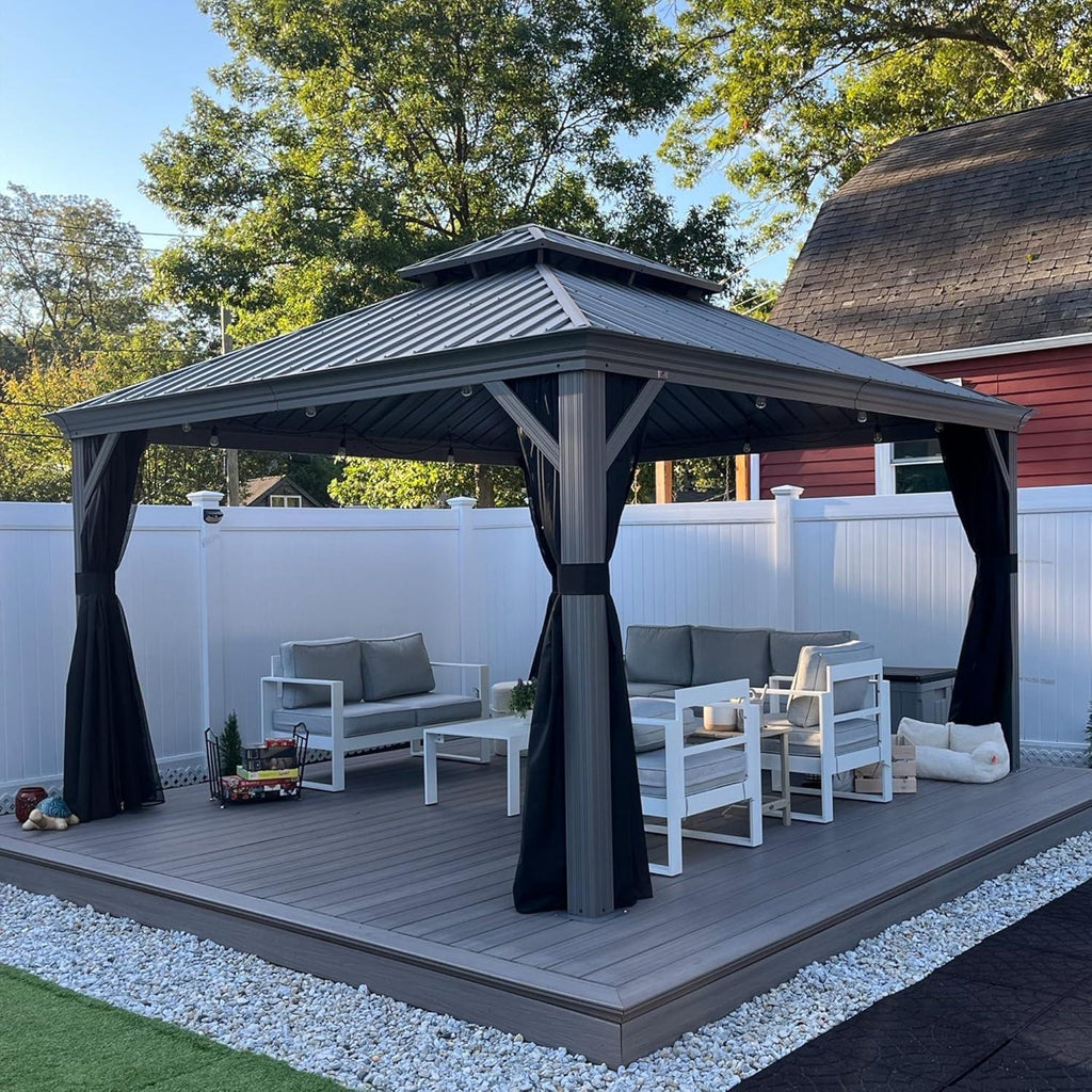 PURPLE LEAF Patio Gazebo for Pool Light Grey Hardtop Galvanized Steel Roof with String Lights-clear