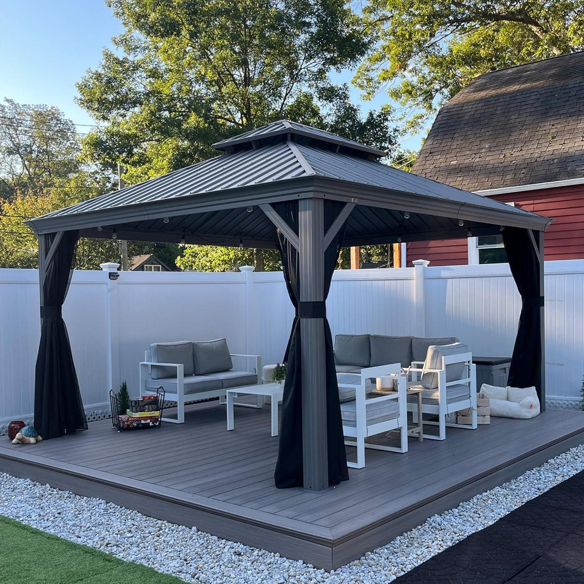 PURPLE LEAF Patio Gazebo for Pool Light Grey Hardtop Galvanized Steel Roof with String Lights-clear