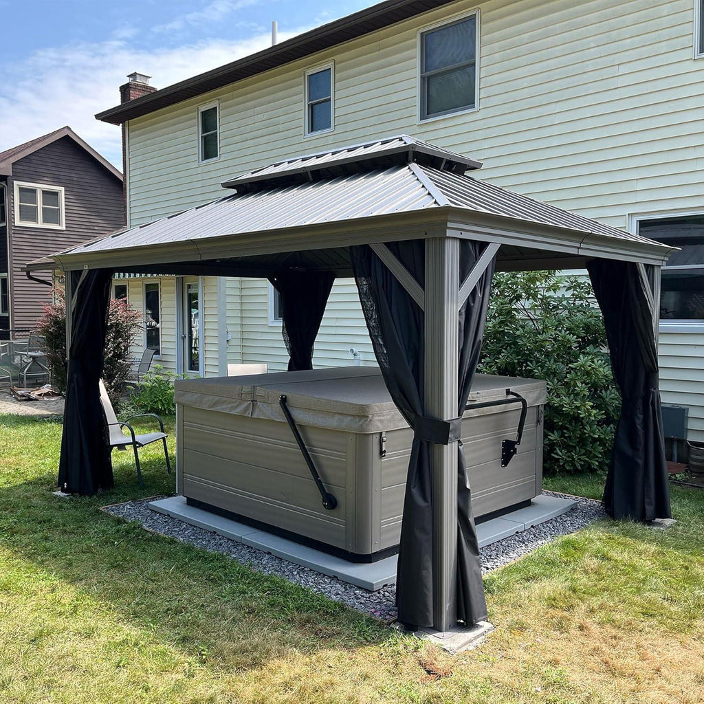 PURPLE LEAF Patio Gazebo for Pool Light Grey Hardtop Galvanized Steel Roof with String Lights-milky