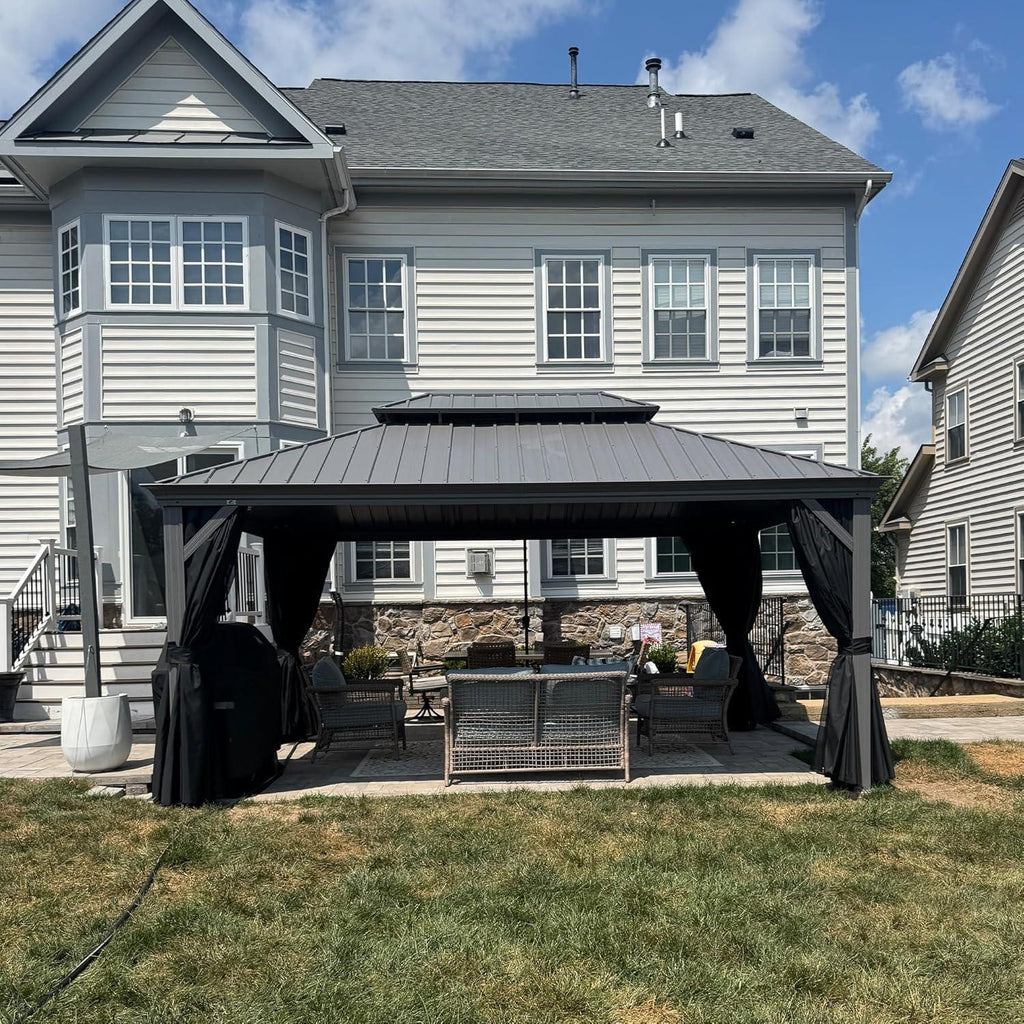 PURPLE LEAF Patio Gazebo for Pool Light Grey Hardtop Galvanized Steel Roof with String Lights-milky