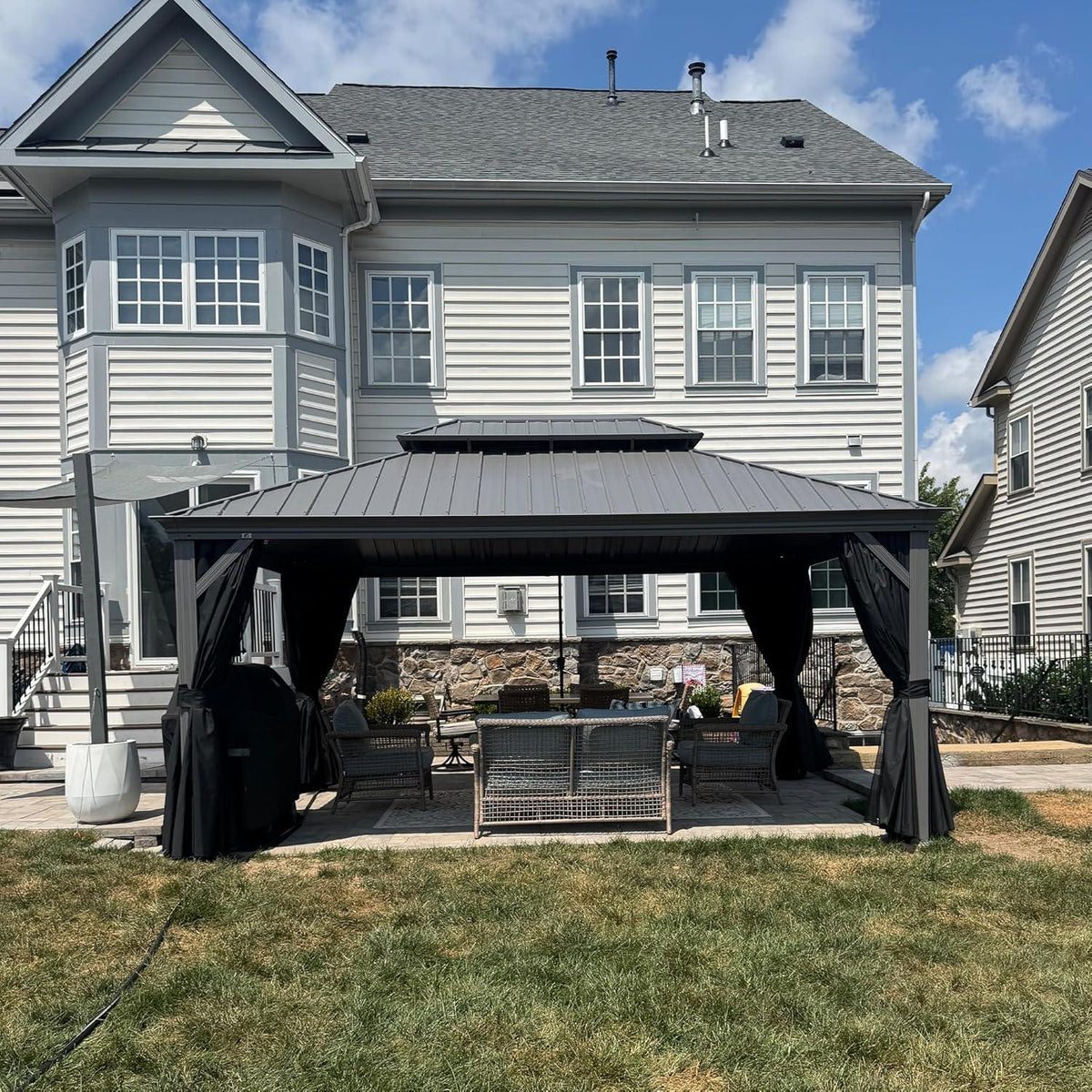PURPLE LEAF Patio Gazebo for Pool Light Grey Hardtop Galvanized Steel Roof with String Lights-milky