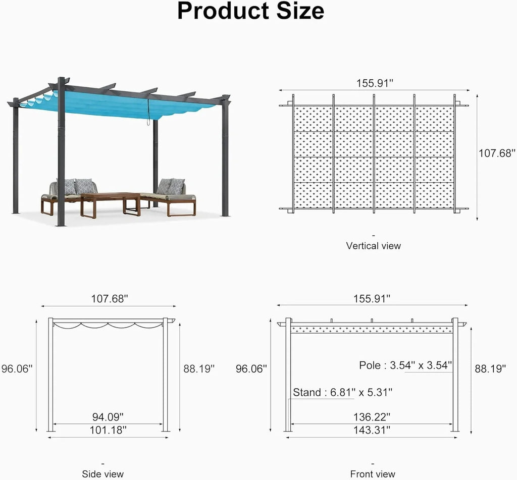 PURPLE LEAF Outdoor Pergola with Retractable Canopy Aluminum Shelter for Beach Porch Garden  Shade Pavilion Pergola  with Curtains