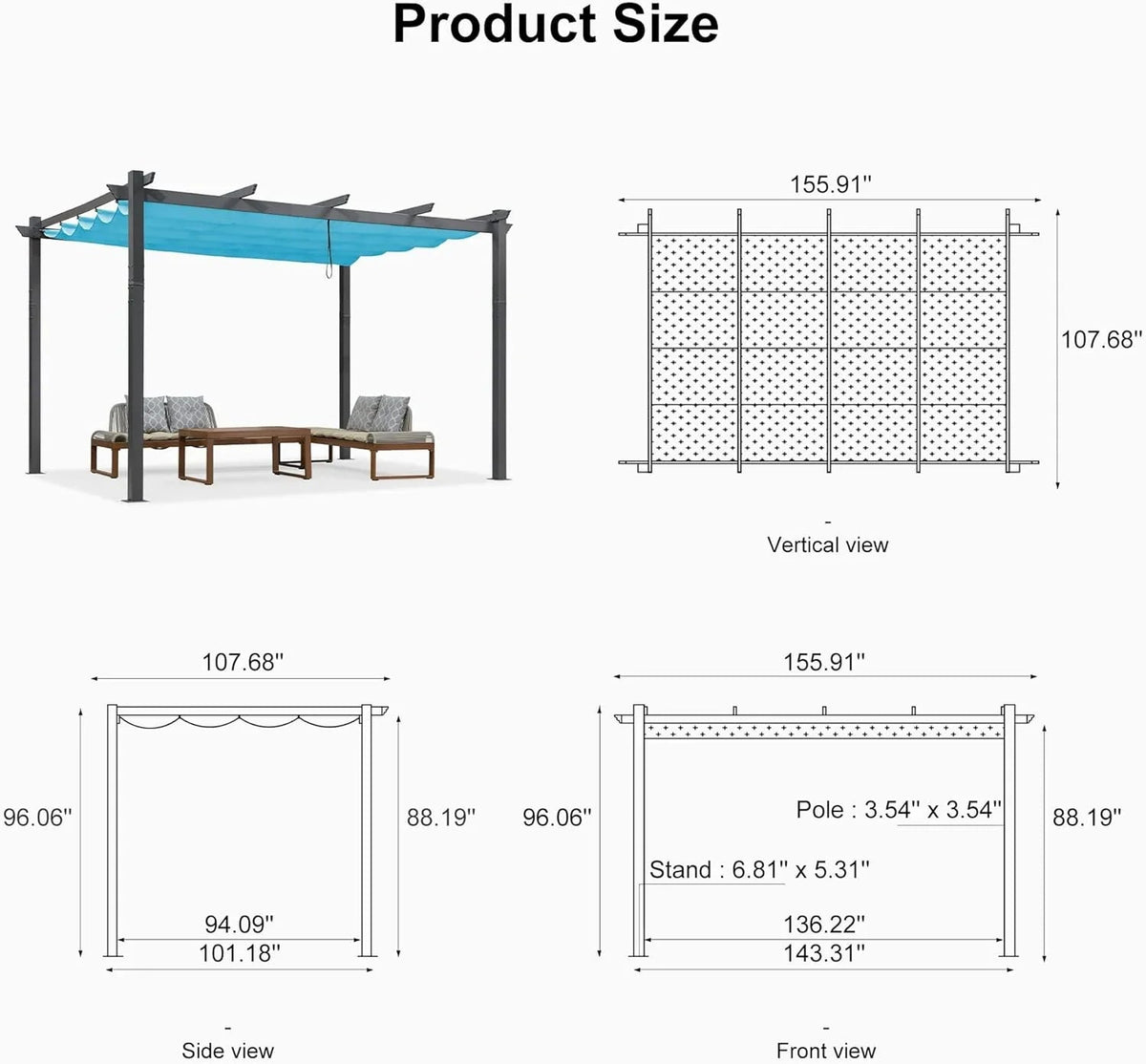 PURPLE LEAF Outdoor Pergola with Retractable Canopy Aluminum Shelter for Beach Porch Garden  Shade Pavilion Pergola  with Curtains