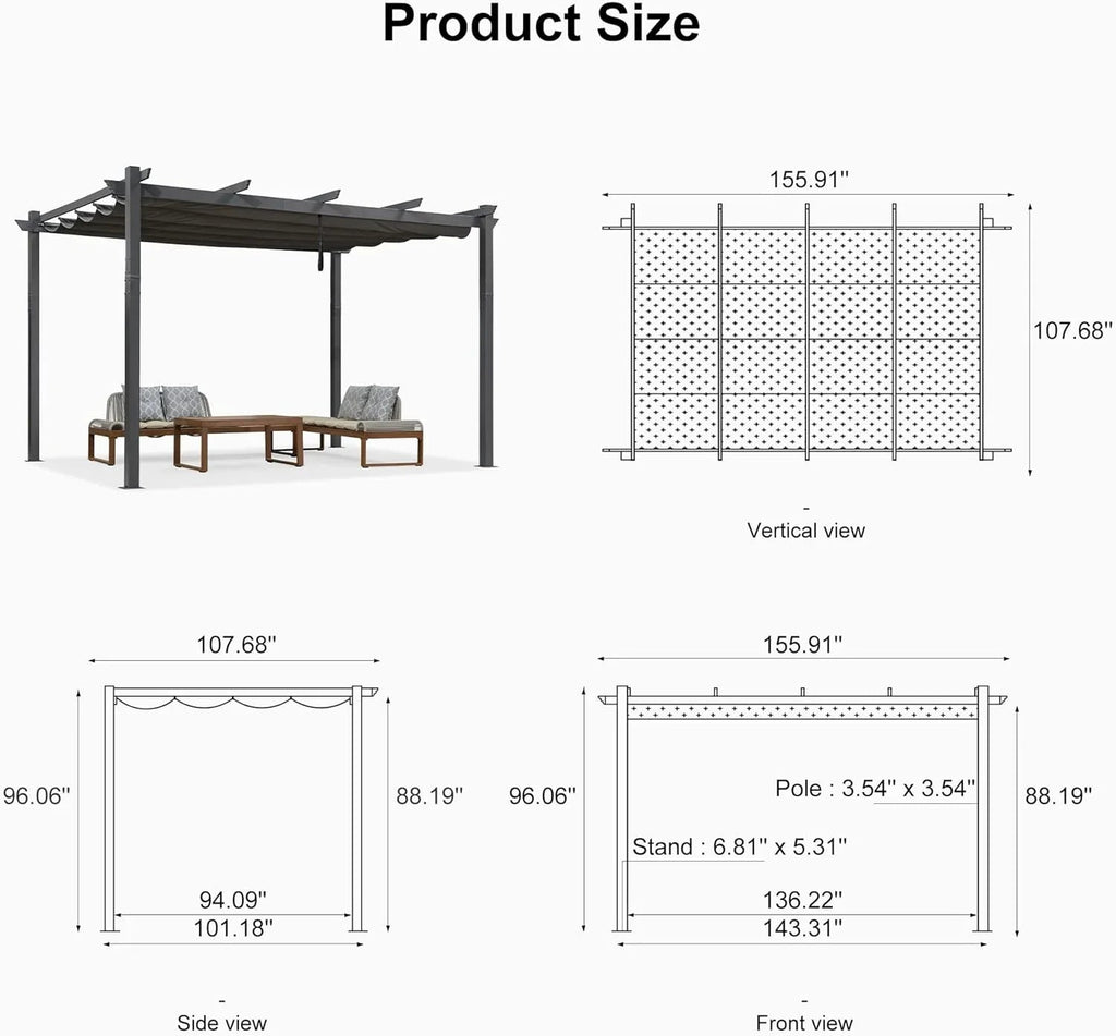 PURPLE LEAF Outdoor Pergola with Retractable Canopy Aluminum Shelter for Beach Porch Garden  Shade Pavilion Pergola  with Curtains
