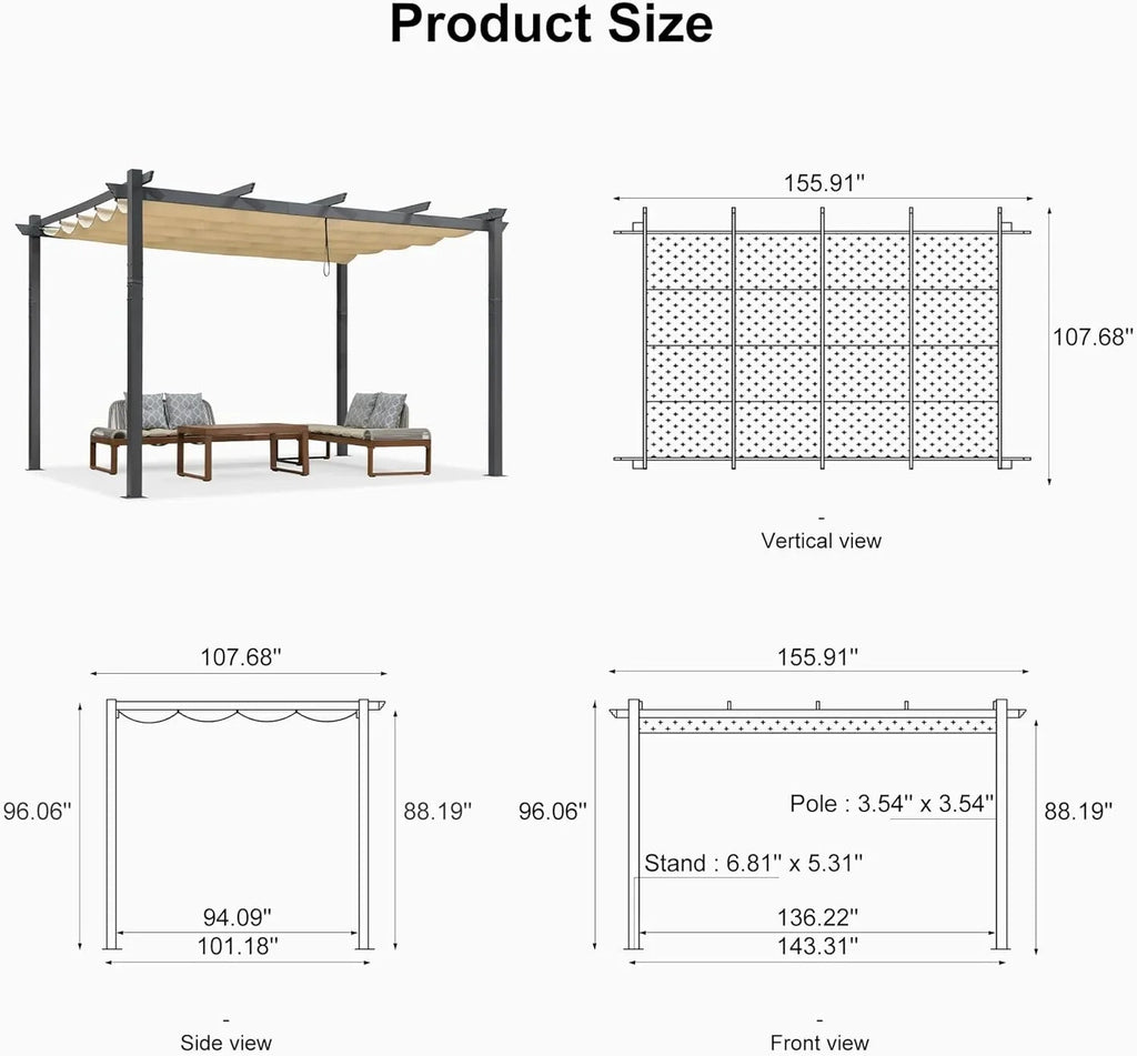 PURPLE LEAF Outdoor Pergola with Retractable Canopy Aluminum Shelter for Beach Porch Garden  Shade Pavilion Pergola  with Curtains