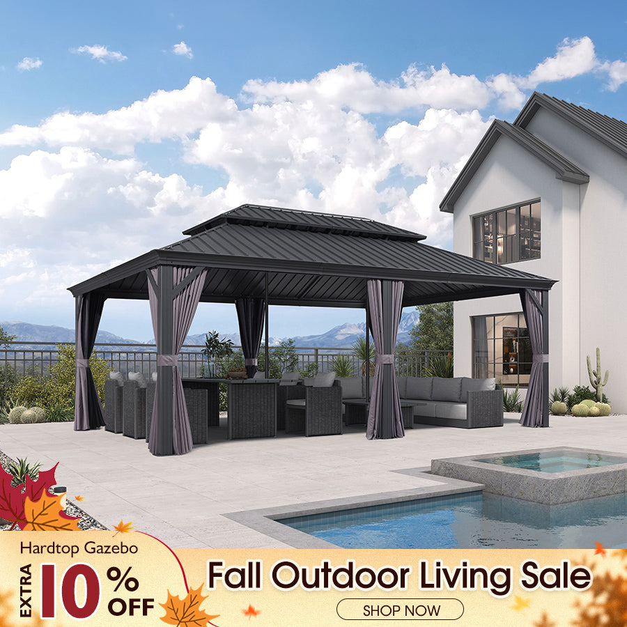 PURPLE LEAF Patio Gazebo for Backyard Grey Hardtop Galvanized Steel Roof Awning with Reinforcement Support Rod