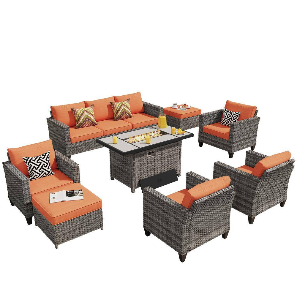 Milan Gray 8-Piece Wicker Outdoor Patio Rectangular Fire Pit Seating Sofa Set and with Orange Red Cushions