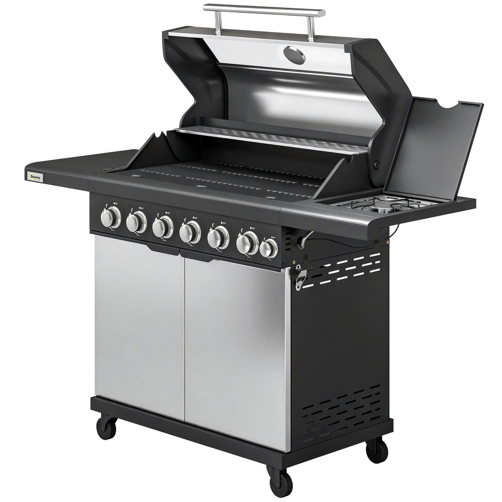 6+1 Burner Gas BBQ Grill with Cabinet and Viewing Window, Silver Tone
