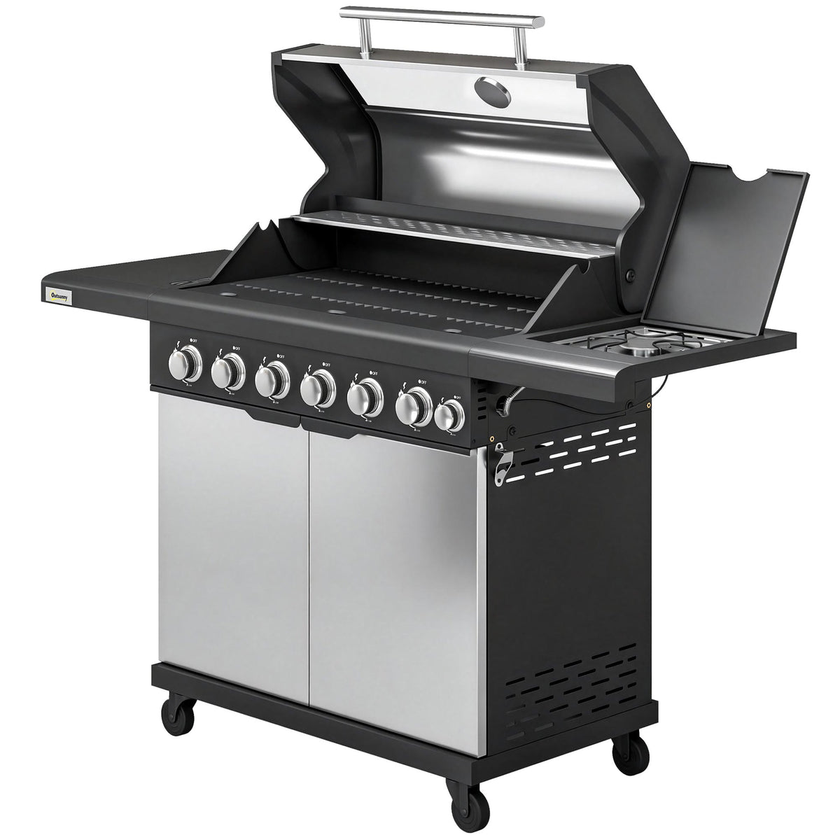 6+1 Burner Gas BBQ Grill with Cabinet and Viewing Window, Silver Tone