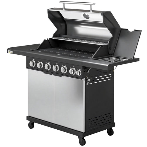 Barbecue à gaz 6+1 brûleurs avec meuble et fenêtre de contrôle, Silver Tone