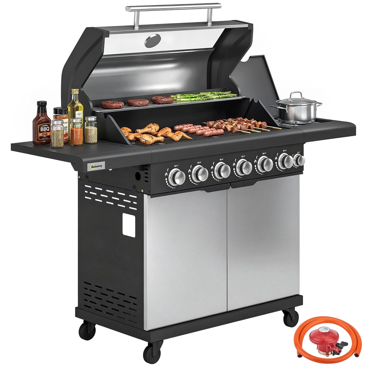 6+1 Burner Gas BBQ Grill with Cabinet and Viewing Window, Silver Tone