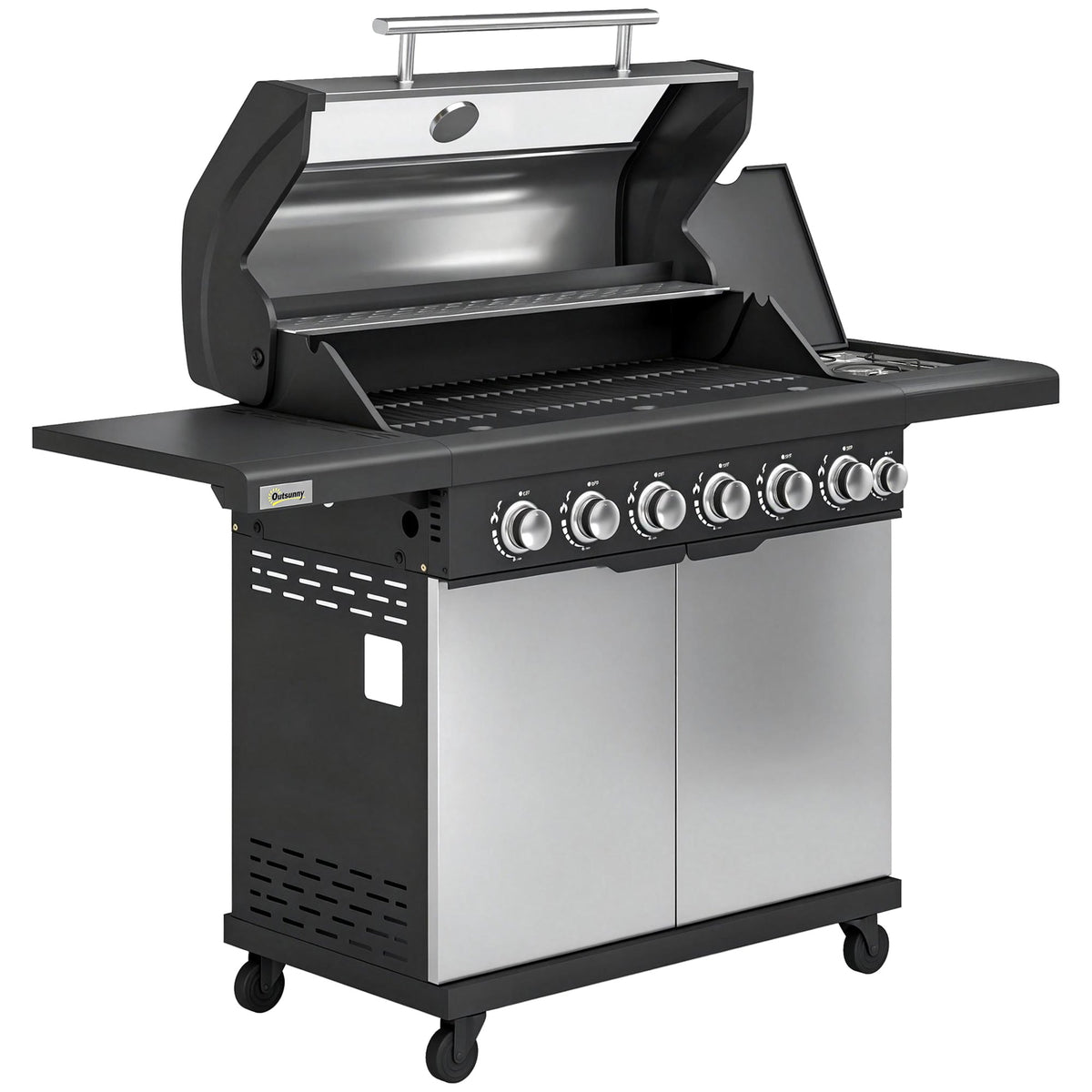 6+1 Burner Gas BBQ Grill with Cabinet and Viewing Window, Silver Tone