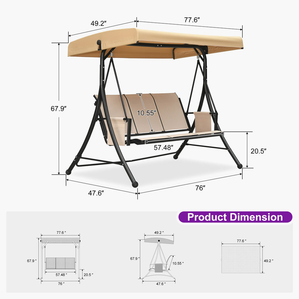PURPLE LEAF Porch Swing with Adjustable Tilt Canopy Patio Swing with Stand and Meatl Steel Frame All-Weather Outdoor Swing Chair Seat Space-Saving for Backyard Garden Deck