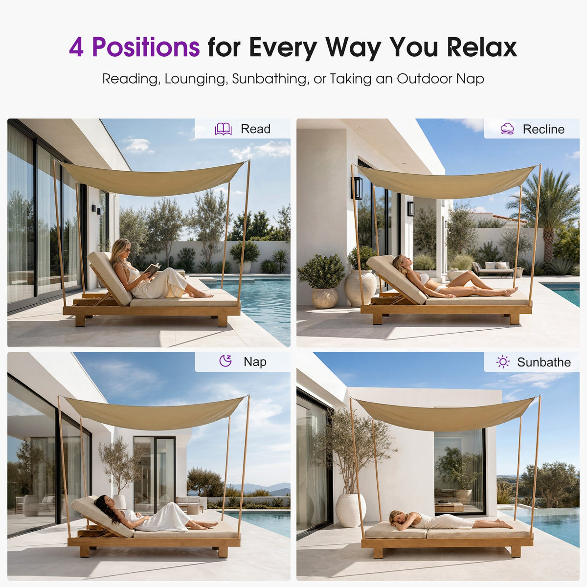 PURPLE LEAF Outdoor Luxury Daybed for Patio,  Poolside Chaise Lounge Bed with Cushion, Olefin Blend Fabric, Aluminum Frame Sunbed for Deck and Backyard