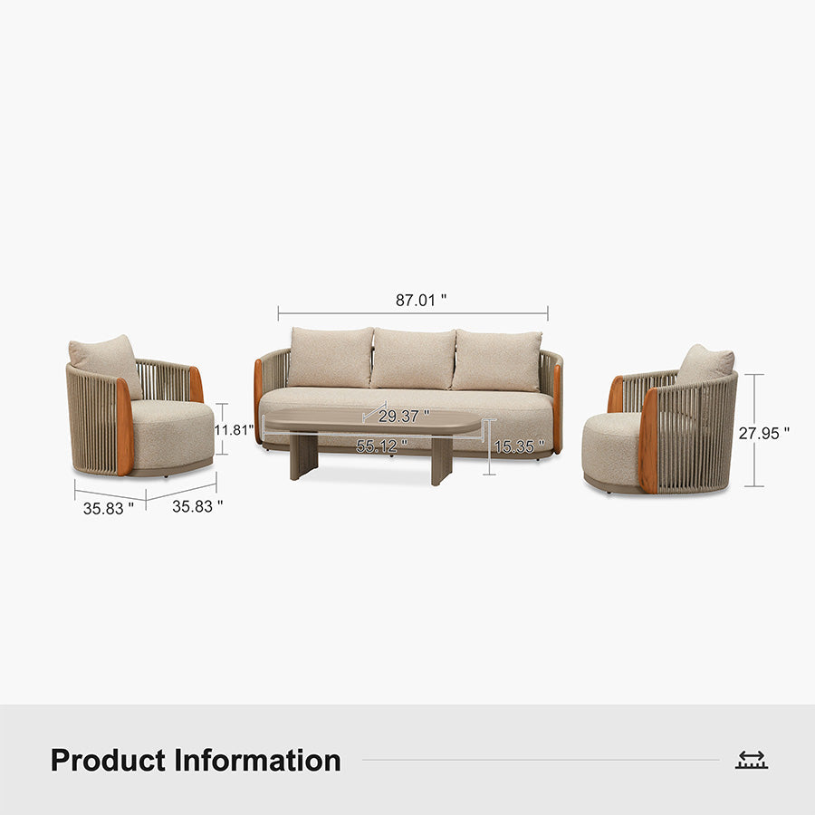 PURPLE LEAF Hailar U-Shaped Patio Conversation Set with Genuine Teak Cushions and Pillows Olefin Rope Backrest Outdoor Couch Sets for Porch Garden