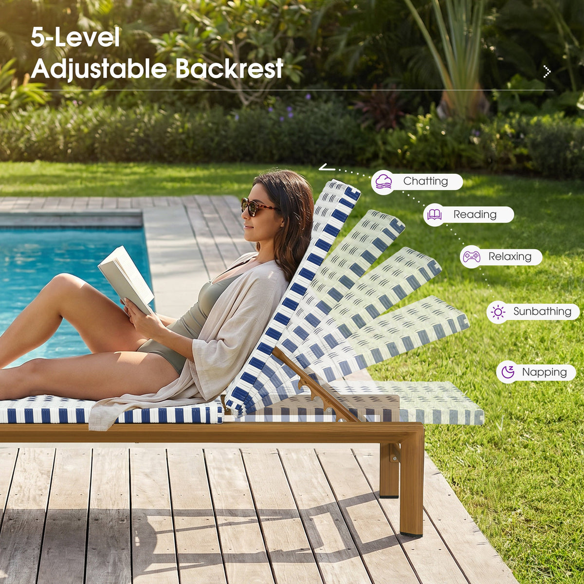 PURPLE LEAF Outdoor Teak Chaise Lounge Chair, Wood Grain Aluminum Outdoor Pool Lounge Chairs with Adjustable Backrest, Breathable Recliner for Patio, Poolside, Garden