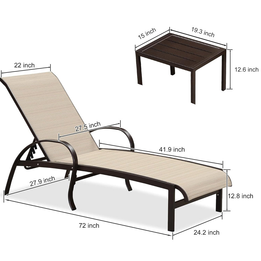 PURPLE LEAF Outdoor Chaise Lounge Patio Pool Lounger Aluminum Chairs with Side Table Adjustable Tanning Recliner for Outside Yard Deck Lawn Garden Beach
