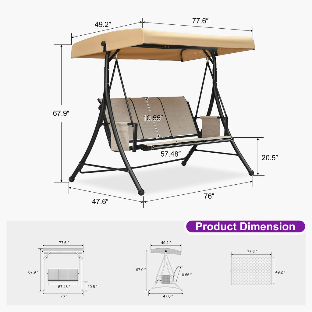 PURPLE LEAF Porch Swing with Adjustable Tilt Canopy Patio Swing with Stand and Meatl Steel Frame All-Weather Outdoor Swing Chair Seat Space-Saving for Backyard Garden Deck