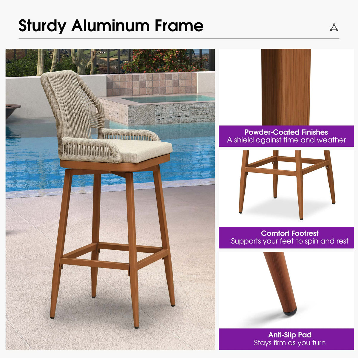 PURPLE LEAF Outdoor Swivel Bar Stools Set of 2 Patio 360° Rotating All-Weather Wicker Stools with Back and Cushion for Outside Backyard Kitchen Bistro Garden Bar